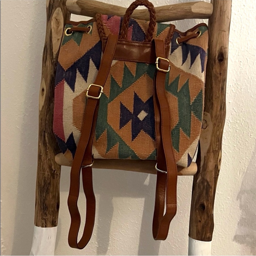 Muted Pastels Pink Tan Woven Kilim Tapestry Backpack Leather Trim Boho Festival - Picture 3 of 5